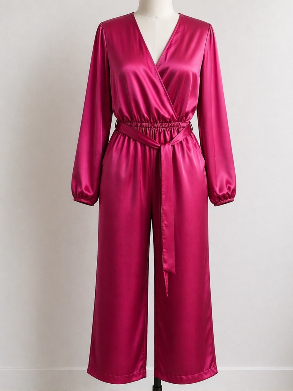 Olive & Oak Hot Pink Wrap-Style Midi Dress with Tie Waist